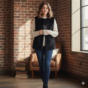 Black Textured Faux Fur Vest | One Size (M/L) Plush Popcorn Pattern Layering